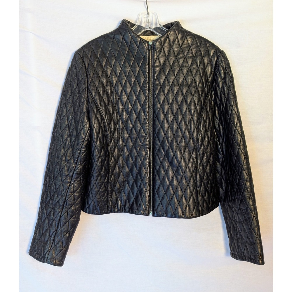Vintage 90s Jones New York Black Quilted Leather Jacket Women 12 Cropped Moto